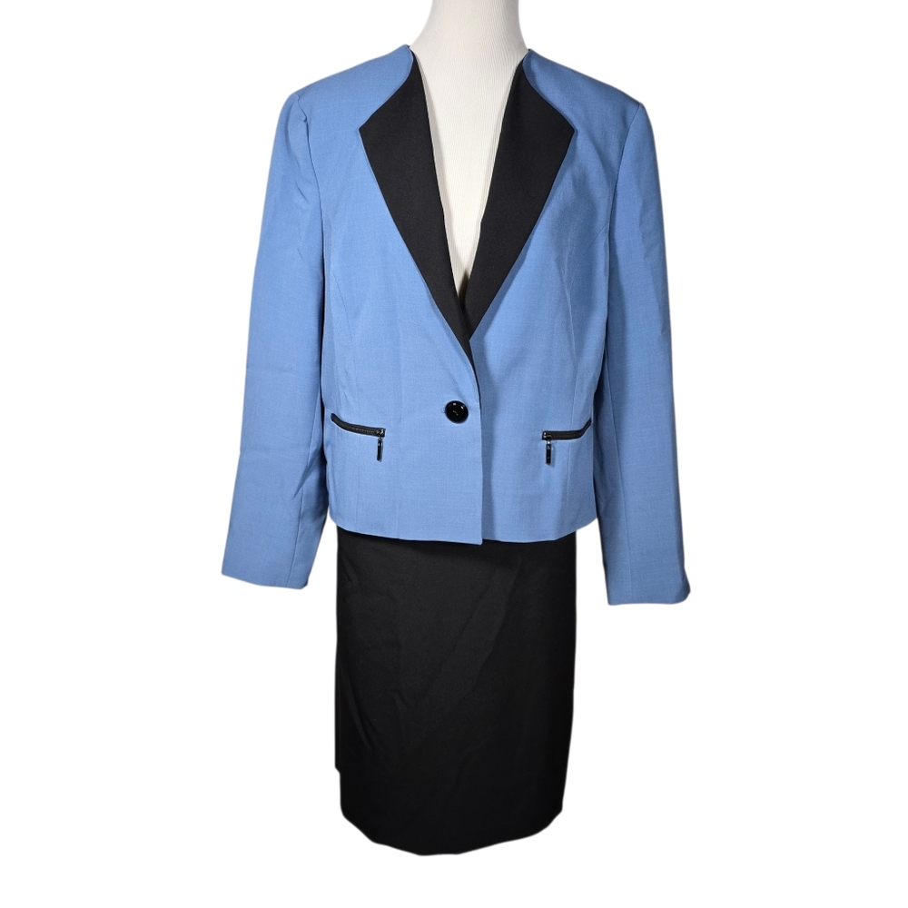 LeSuit Le Suit Size 18 Blue and Black 2 Piece Skirt Suit Set